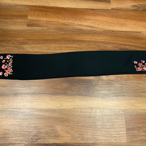White House Black Market Black Scarf w Floral Detailing and Fringed Ends - Picture 3 of 10